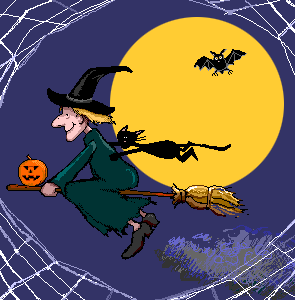 Gif animata Halloween - strega che vola sulla scopa con zucca e gatto nero