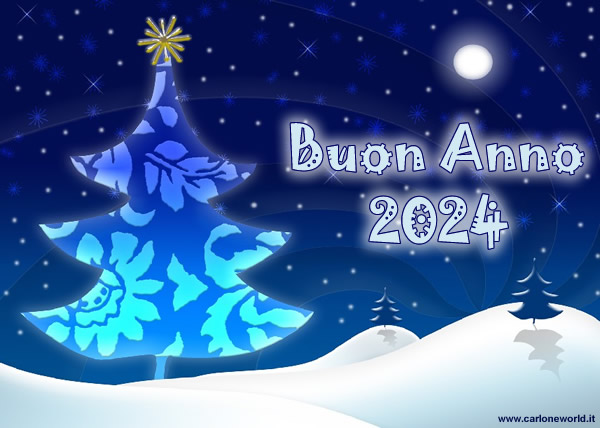 Bellissima immagine Buon 2024, con albero di Natale colorato e luna piena, in un bel paesaggio innevato.
