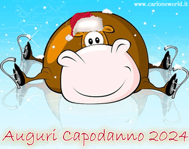 Simpatica gif Auguri di Buon Capodanno 2024, con mucca sorridente con cappellino di Natale, per divertenti auguri di Buon 2024.