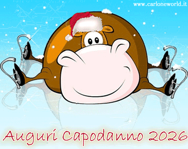 Simpatica gif Auguri di Buon Capodanno 2026, con mucca sorridente con cappellino di Natale, per divertenti auguri di Buon 2026.
