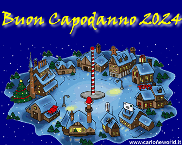 Simpatica gif di buon Capodanno 2024 con paesaggio natalizio innevato. Divertente gif animata Buon Capodanno 2024.