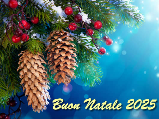 Buon Natale 2025 con albero di Natale addobbato e pigne