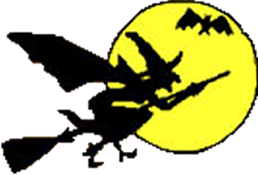 Simpatica immagine Halloween: luna piena, pipistrello e strega su scopa